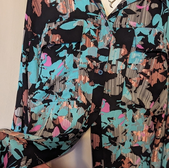 Boutique blouse 80s style fun spring button up teal floral funky 2x plus tall - Picture 7 of 7